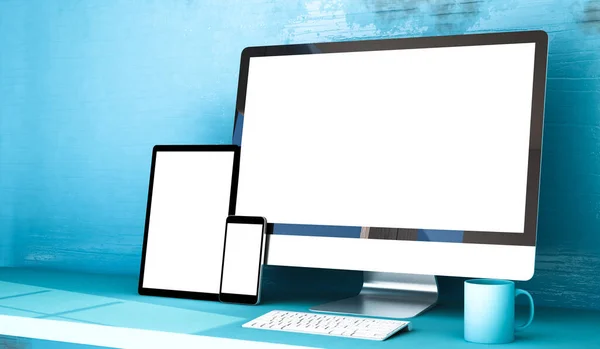 Responsive Devices Blue Studio Rendering Mockup — Stock Photo, Image