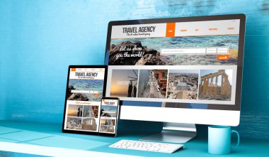responsive devices showing travel website home on blue studio 3d rendering  clipart