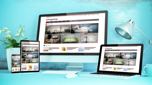 Blauw Responsieve Desktop Met Apparaten Tonen Responsieve Magazine Website Rendering — Stockfoto