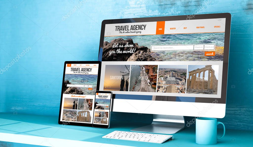 responsive devices showing travel website home on blue studio 3d rendering 