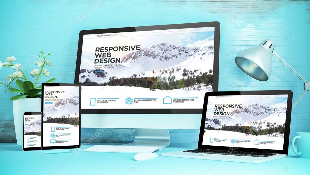 blue responsive desktop with devices showing responsive  website 3d rendering