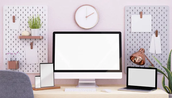 Pink Rose Gold Studio Responsive Devices Rendering — Stock Photo, Image