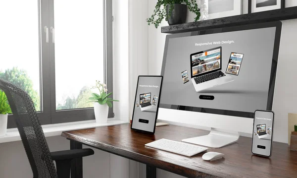 Desktop Preto Branco Com Três Dispositivos Mostrando Site Responsivo Renderização — Fotografia de Stock