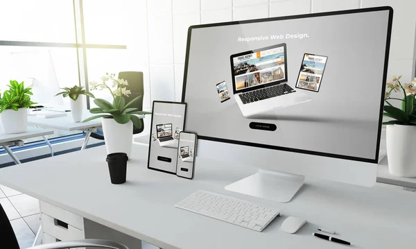 Screen Devices Coworking Office Rendering — Stok fotoğraf