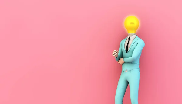 頭の3Dレンダリングで電球を持つビジネスマン — ストック写真