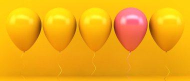Sarı arka planda bir pembe, yüzen sarı balonlar.