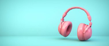 Mavi arka planda pembe kulaklıklar 3D görüntüleme