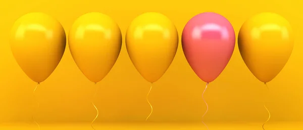 黄色の背景にピンクの3次元レンダリングで1つのピンクと黄色の浮遊気球 — ストック写真