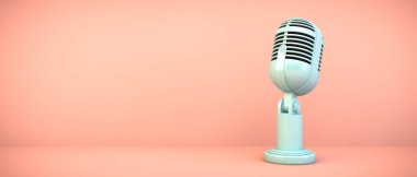 Pembe zemin üzerinde mavi mikrofon 3D görüntüleme