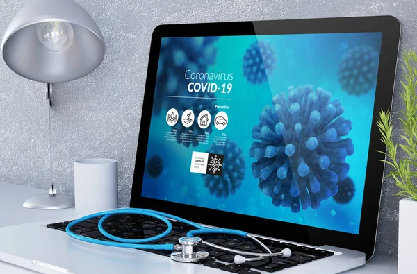 Medizinische Desktop Computer Coronavirus Informationen Auf Dem Bildschirm Rendering — Stockfoto