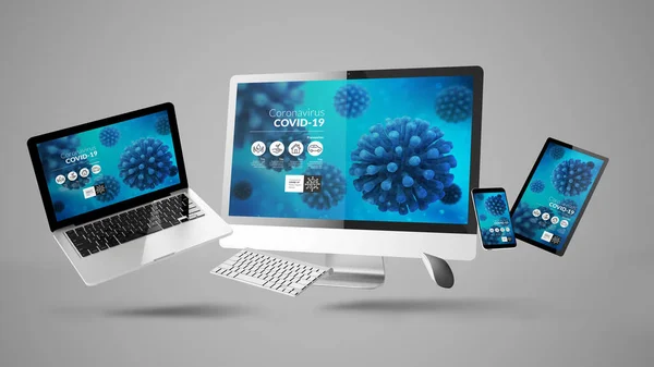 floating devices with covid-19 responsive website info 3d rendering