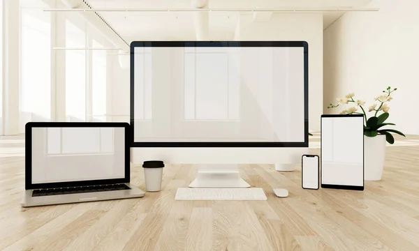 Responsive Συσκευές Στο Πάτωμα Λευκή Οθόνη Απόδοση — Φωτογραφία Αρχείου
