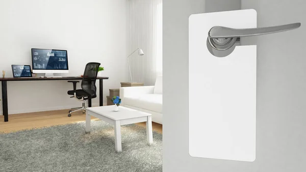 door hanger with home workspace 3d rendering. Work from home concept.