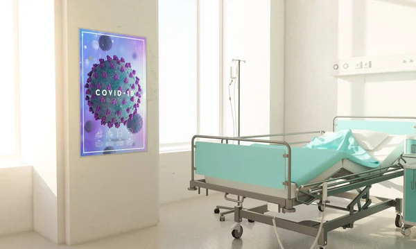 Αφίσα Ιός Covid Στο Δωμάτιο Του Νοσοκομείου Απόδοση — Φωτογραφία Αρχείου