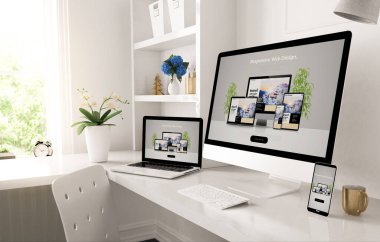 Web tasarımı web sitesi 3d görüntülemesini gösteren ev masaüstündeki ilgili aygıtlar