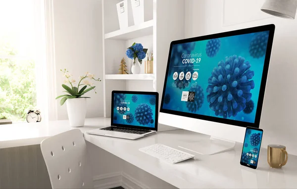 Responsive Devices Home Desktop Showing Covid Info Website Rendering — Stock Photo, Image