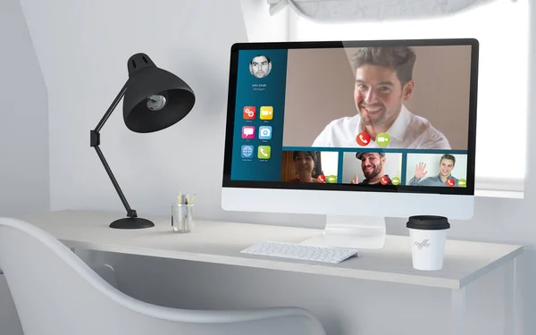 Rendering Van Een Desktop Werkplek Met Computer Video Conferentie Website — Stockfoto