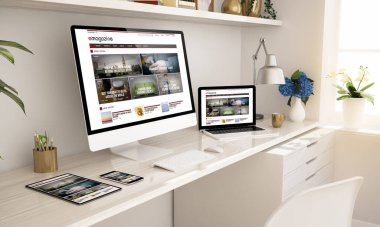 E- dergisi web sitesi, karşıt aygıtlar ev ofis kurulumu 3D oluşturma