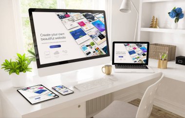 Ev ofisinin kurulumundaki karşıt aygıtlar web sitesi oluşturucu 3D görüntülemesini gösteriyor