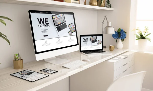 Адаптивний Веб Сайт Екрані Пристроїв Налаштування Домашнього Офісу Рендеринга — стокове фото