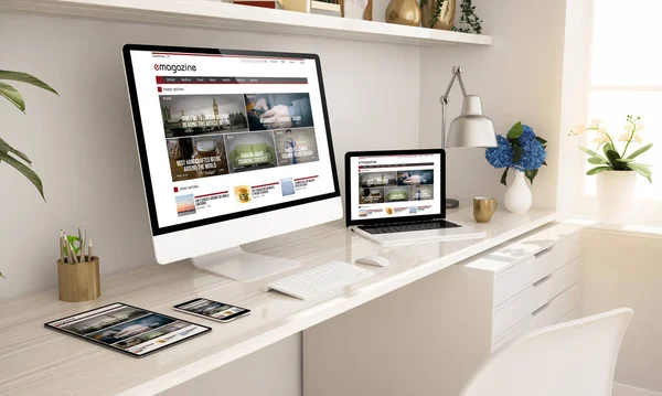 Magazine Website Responsive Devices Home Office Setup Rendering — Stockfoto