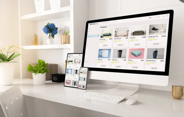 Online Shop Website Auf Home Office Setup Rendering — Stockfoto
