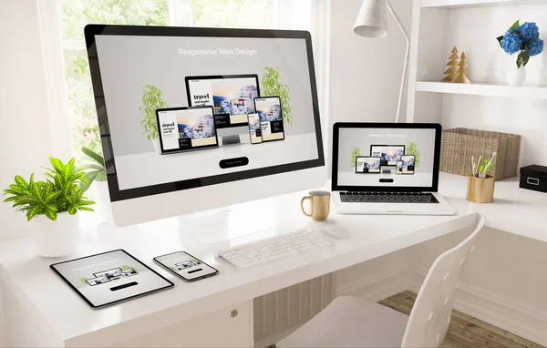 Responsieve Apparaten Home Office Setup Rendering — Stockfoto