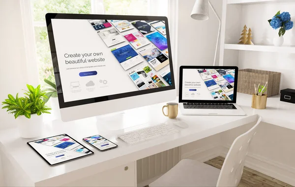 Dispositivos Responsivos Configuração Escritório Casa Mostrando Site Builder Renderização — Fotografia de Stock