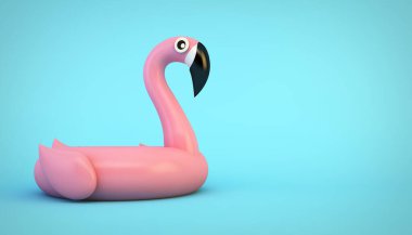 Mavi zemin üzerinde pembe şişirilebilir flamingo 3D görüntüleme