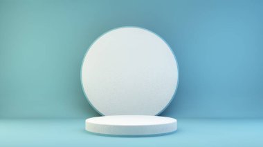 Ürün sunumu için beyaz platform mavi arkaplanda 3d görüntüleme
