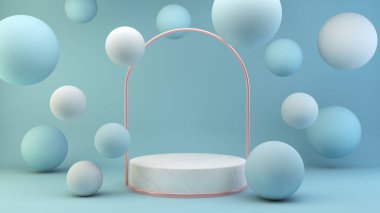 Pembe yansıtıcı kemerli mermer platform ve mavi yüzen küreler 3D görüntüleme