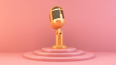 Pembe platformdaki altın mikrofon.