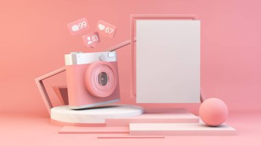 Sosyal medya kamerası ve boş poster 3D görüntüleme
