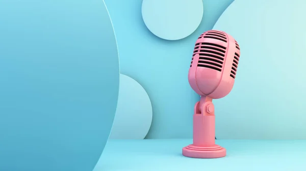 Růžový Mikrofon Modrém Pódiu Vykreslování — Stock fotografie