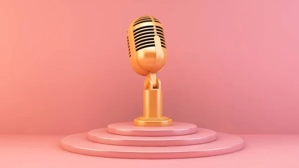 Gold microphone on pink platform 3d rendering