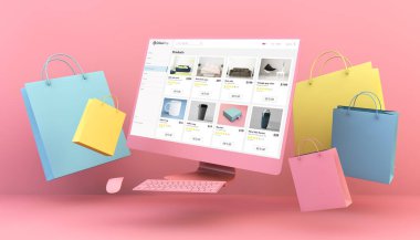 Çevrimiçi bilgisayar dükkanı ve alışveriş torbaları pembe arka planda 3D görüntüleme