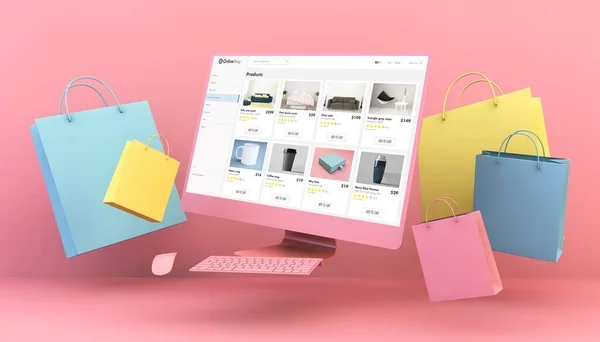분홍색 배경의 컴퓨터 온라인 쇼핑백을 날아다니는 렌더링 — 스톡 사진
