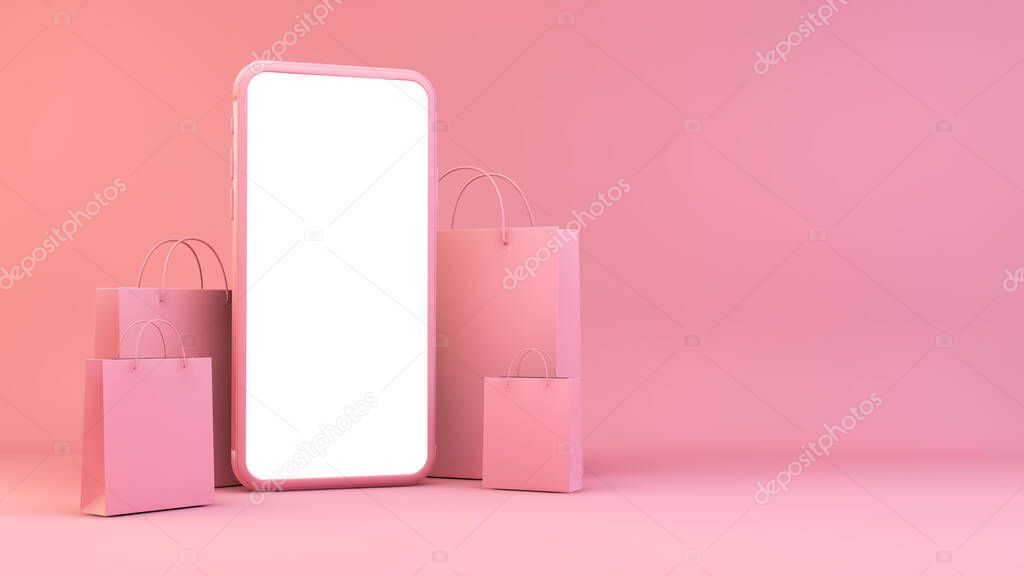 Blank mobile with shopping bags 3d rendering