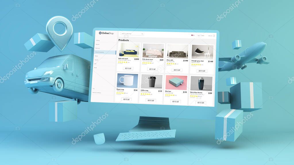 Online shopping concept: computer with transportation, boxes and pinpoint 3d rendering