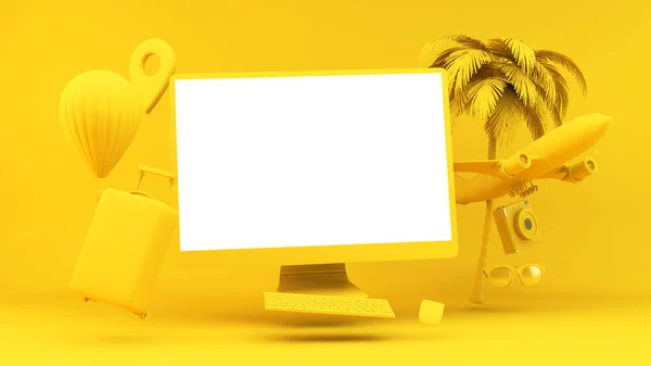 Yellow computer with travel objects floating 3d rendering concept