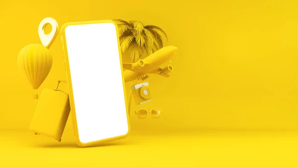 Smartphone Amarillo Con Concepto Objetos Viaje Rendering — Foto de Stock