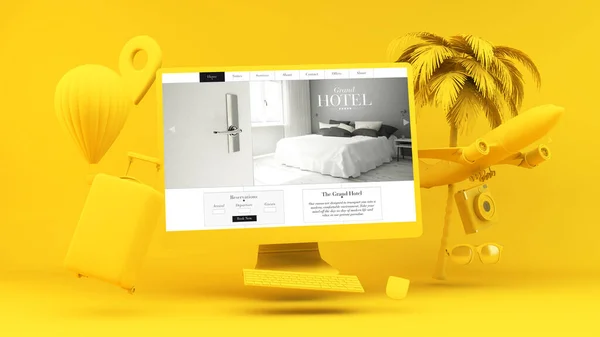 Otel Web Sitesi Görüntüleme Kavramına Sahip Sarı Bilgisayar — Stok fotoğraf