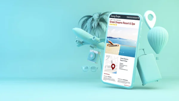 Smartphone Azul Com Objetos Viagem Hotel Diretório Site Renderização — Fotografia de Stock