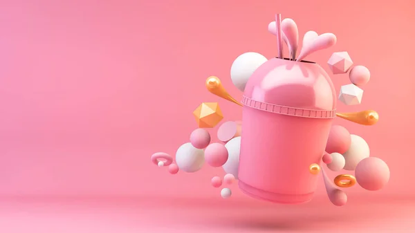 milk shake surrounded by pink and gold geometric shapes  3d rendering