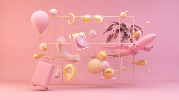 ピンク旅行要素とピンクと金の3Dレンダリングのプリミティブ — ストック写真