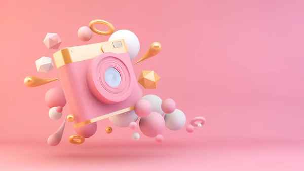 用几何形状环绕的粉色和金色摄像机3D渲染 — 图库照片
