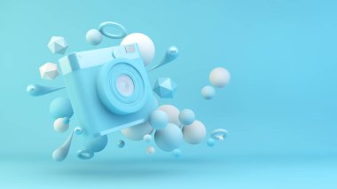 Mavi kamera geometrik şekillerle çevrili 3D görüntüleme