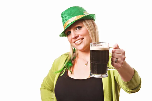 Lady Drinking Beer Patrick Day — Stock Photo, Image
