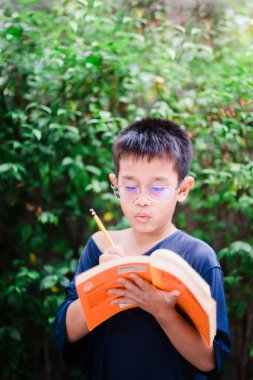 Asyalı çocuk bahçede kitap okuyor bahçede gülümseyen çocuk anlayış gösteriyor ve sorunu çözüyor çocuklar zeki bulmaca çözüyorlar..