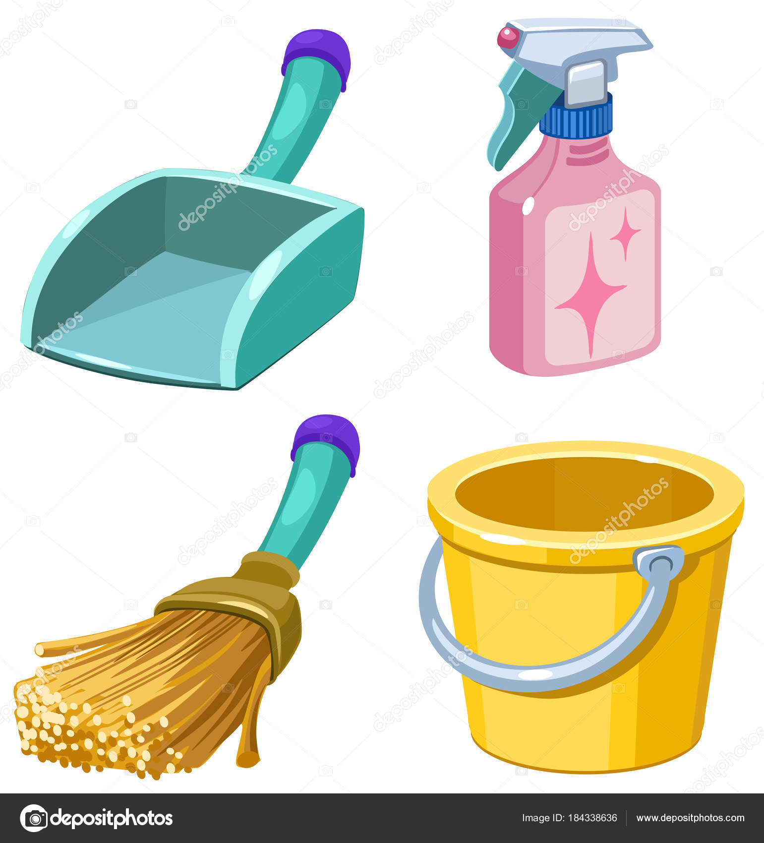 Cartoon Set Cleaning Icons Scoop Spray Broom Bucket Stock Vector Image by  ©NtgSib #184338636